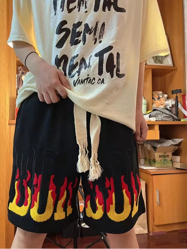 خمر الشارع إلكتروني التطريز خمس نقاط السراويل مستقيم فضفاض واسعة الساق السراويل 2025 صيف جديد عالية الخصر سراويل قصيرة #4