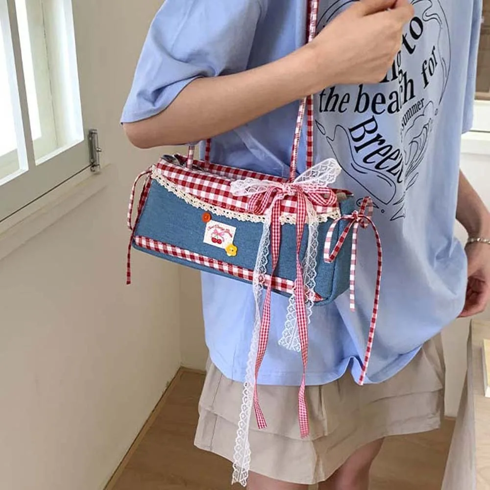 

Sweet French Stick Handbag Denim Blue Contrast Color Plaid Shoulder Bag Lace Ribbon Korean Style Cloth Underarm Bags Daily