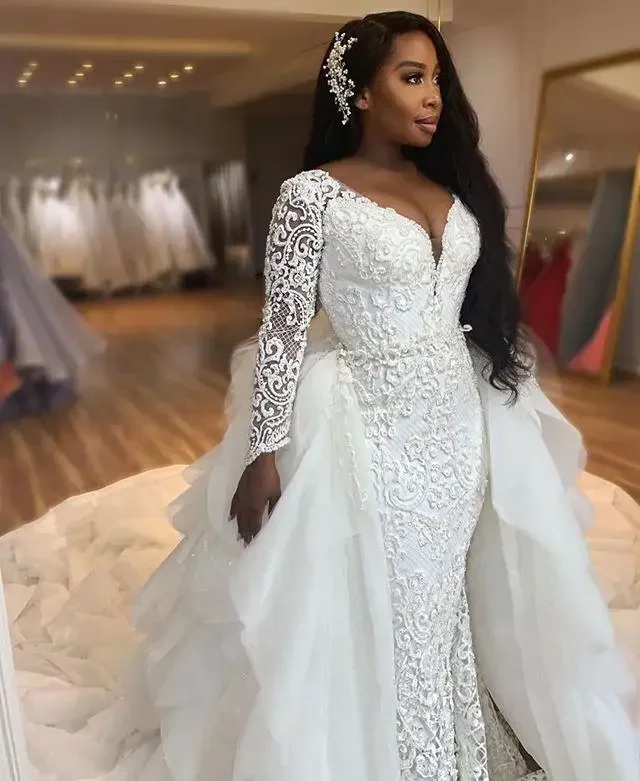 Customized African Long Sleeve Mermaid Dresses V Neck Beaded Lace Detachable Train Bridal Wedding Gowns For Bride
