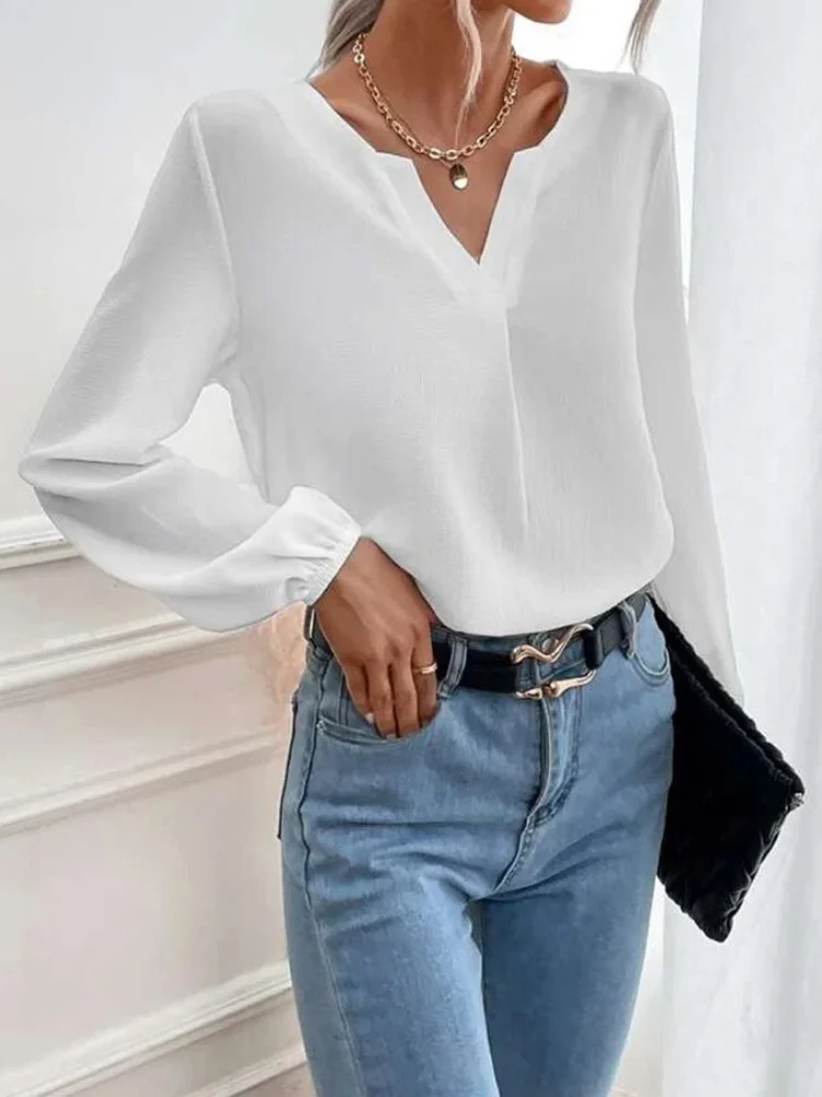 

Fashion Loose V-neck Pullover for Women's 2023 Summer New Chiffon Style Commuter Solid Long Sleeve Underlay