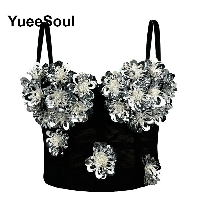 Tops negros Y2K con lentejuelas y diamantes de imitación blancos, Top corto ajustado con borlas, Top gótico para fiesta, Club, boda, calle alta, corsé Sexy, camisola