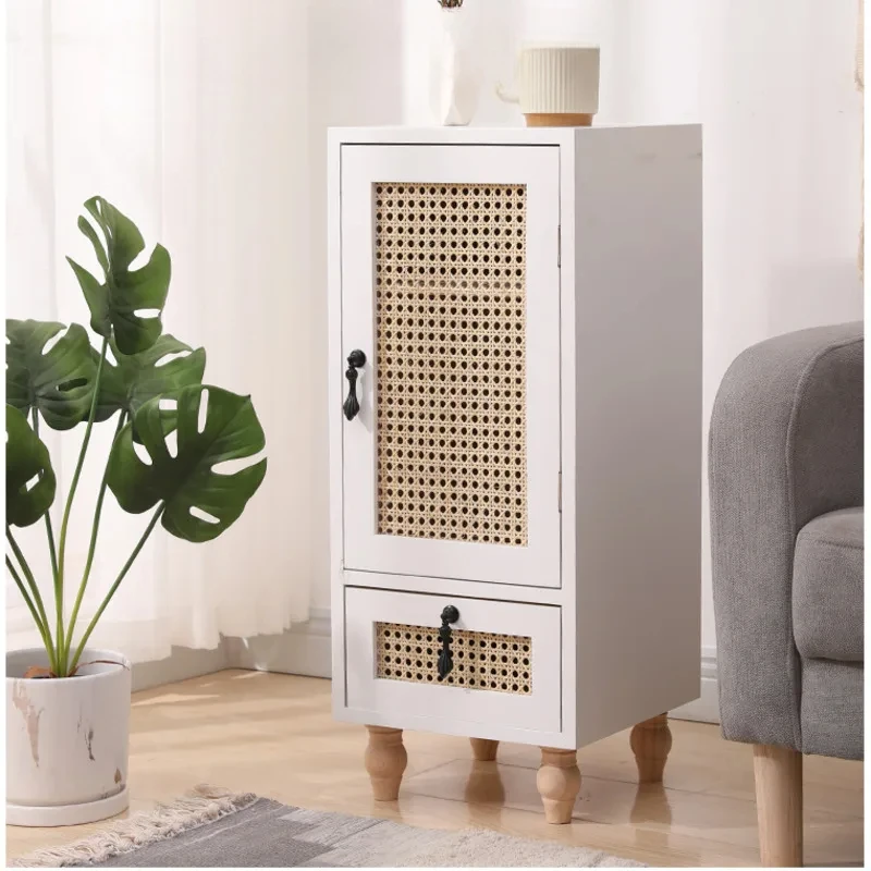 Solid Wood Rattan Woven Storage Cabinet,Modern Bedside Table,Multi-functional Sofa Cabinet, Bedroom with Drawers, Home Furniture