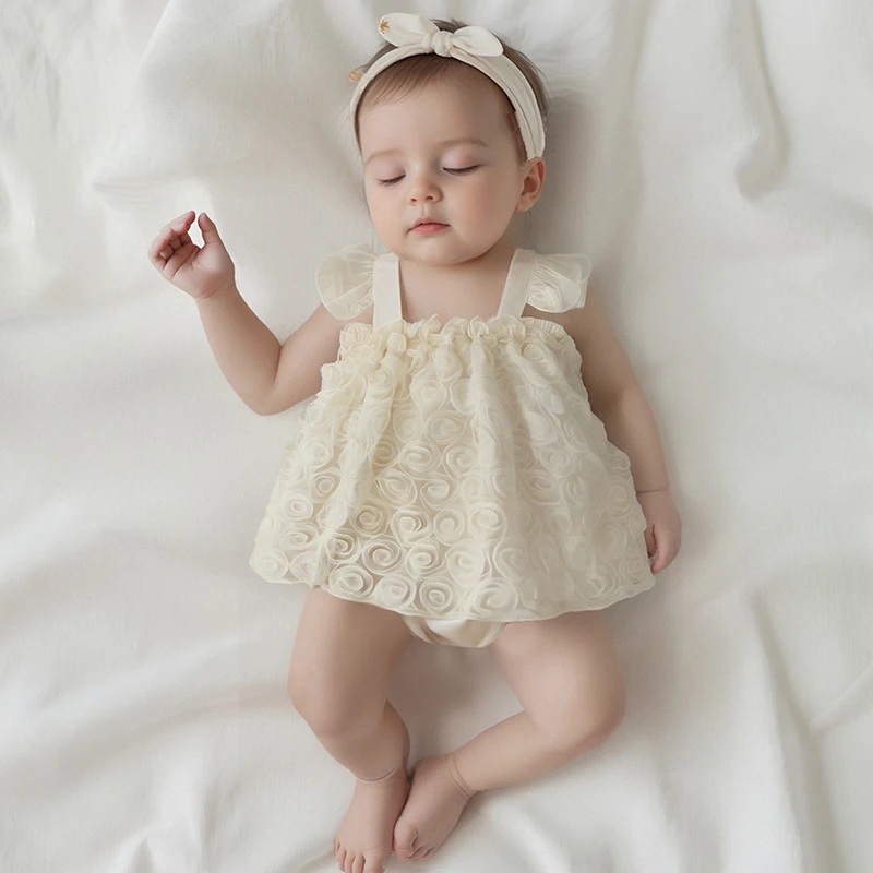 

Infant Baby Clothing Girl Summer Princess Romper Dress Able Mesh 3D Flower Pattern Tulle Tutu Dress