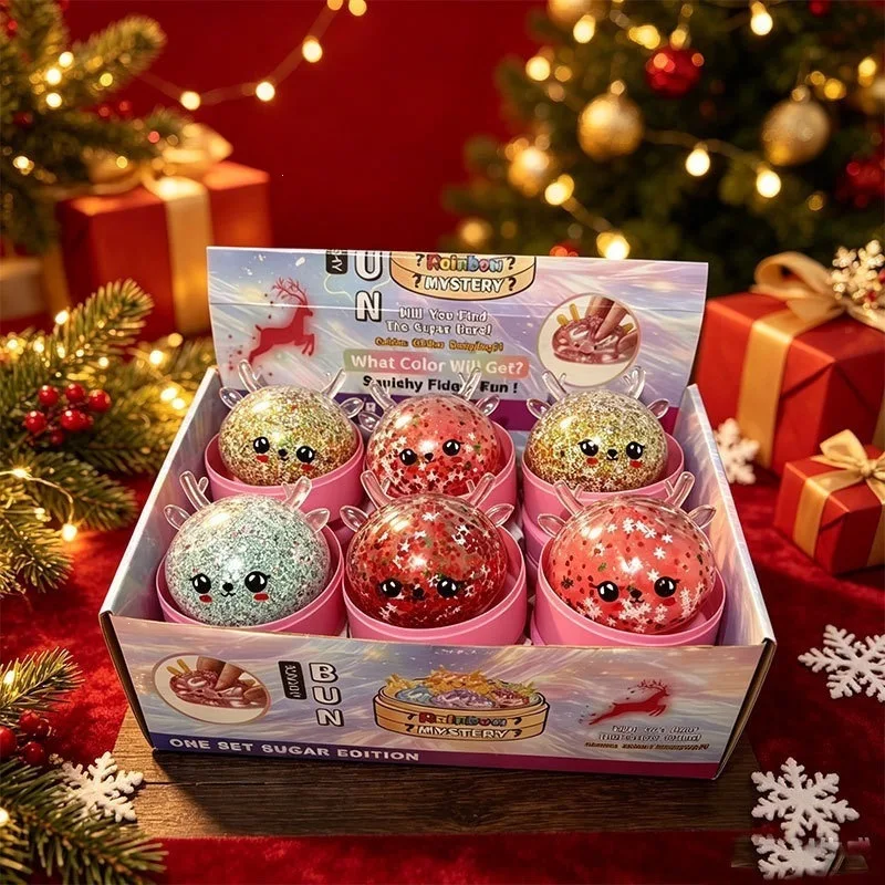 Glitter Reindeer Dumpling Toy Stress Relief Maltose Squeeze Toy Elk Squishy Toy Decompression Sparkle Christmas Gift Blind Box