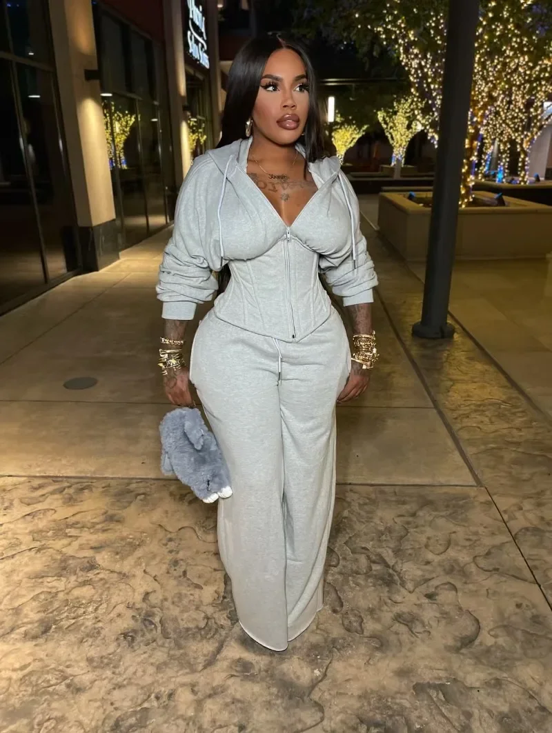 Moda 2 peça conjunto feminino sólido manga longa zíper rendas até espartilho moletom com capuz casaco superior + calças de perna larga casual fatos de treino