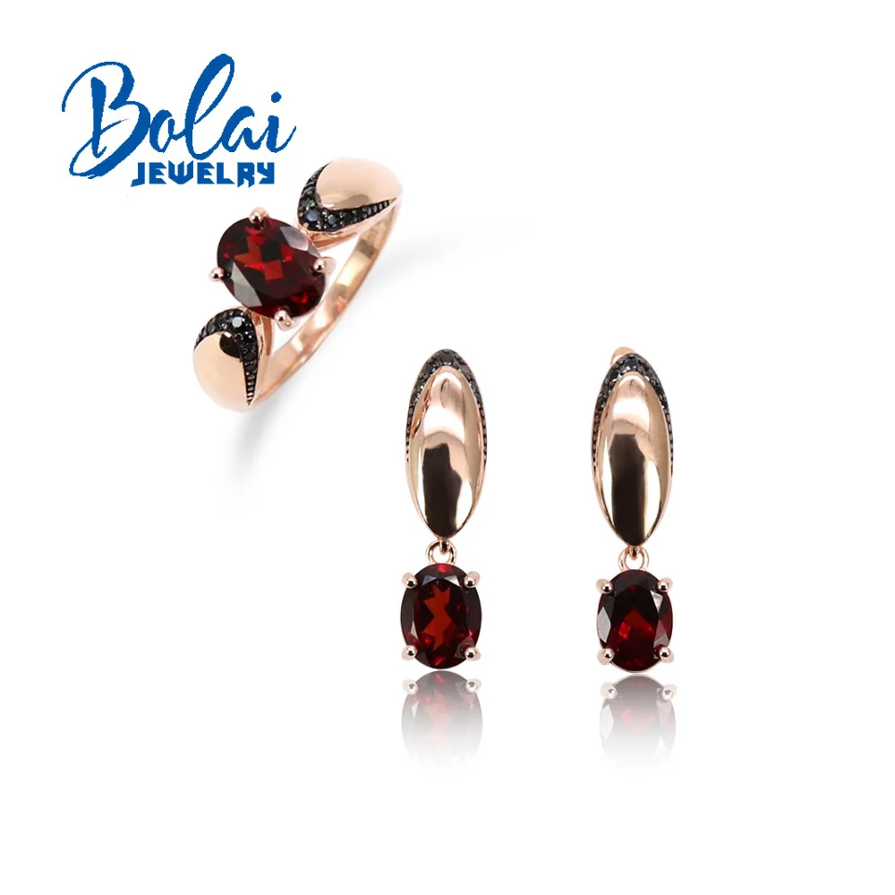 Natural garnet oval 6*8 and oval 7*9mm gemstone ring earrings jewelry set daily wear fine jewelry 925 sterling silver for women