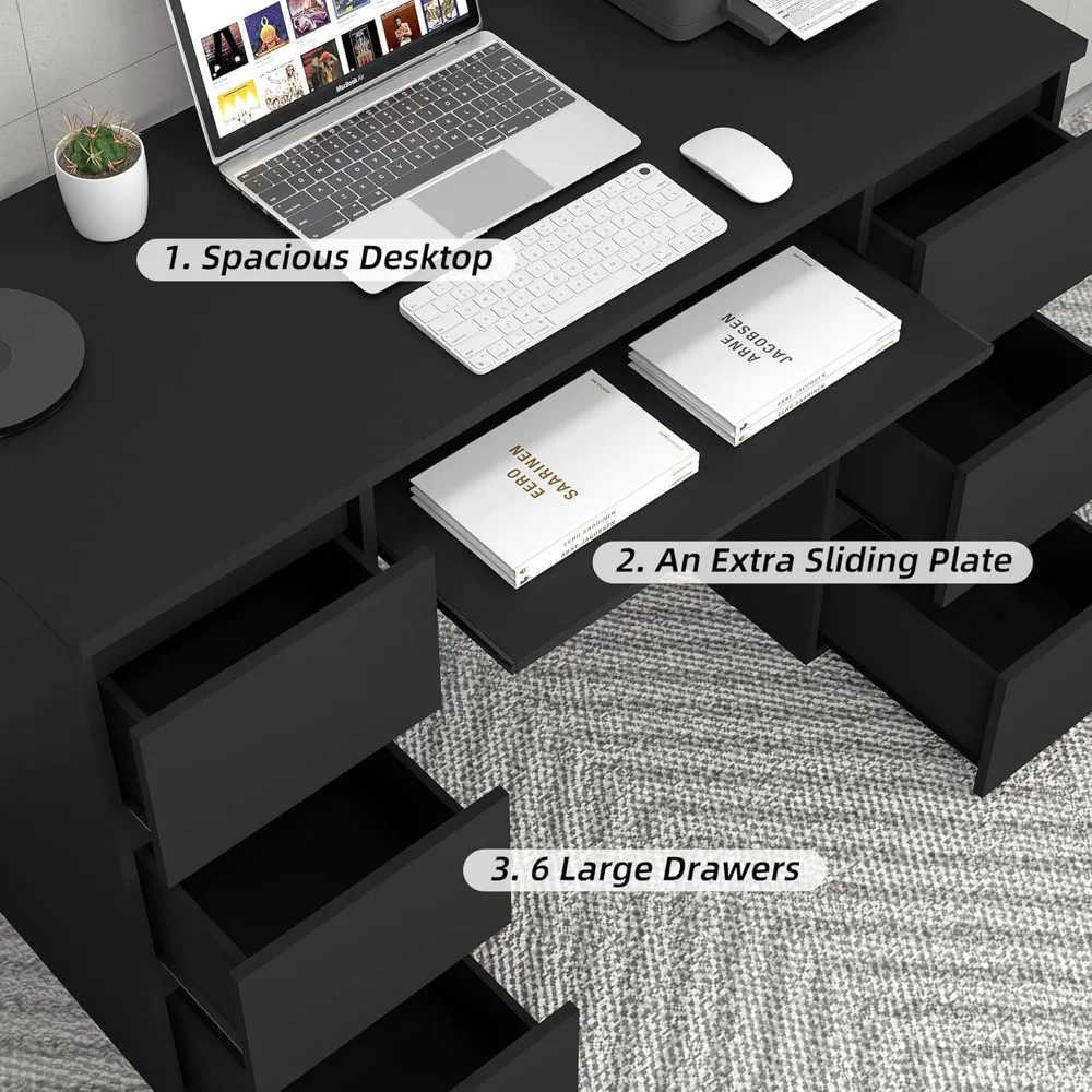 "Escritorio para juegos moderno negro con cajones de almacenamiento y estantes para dormitorio y estudio"