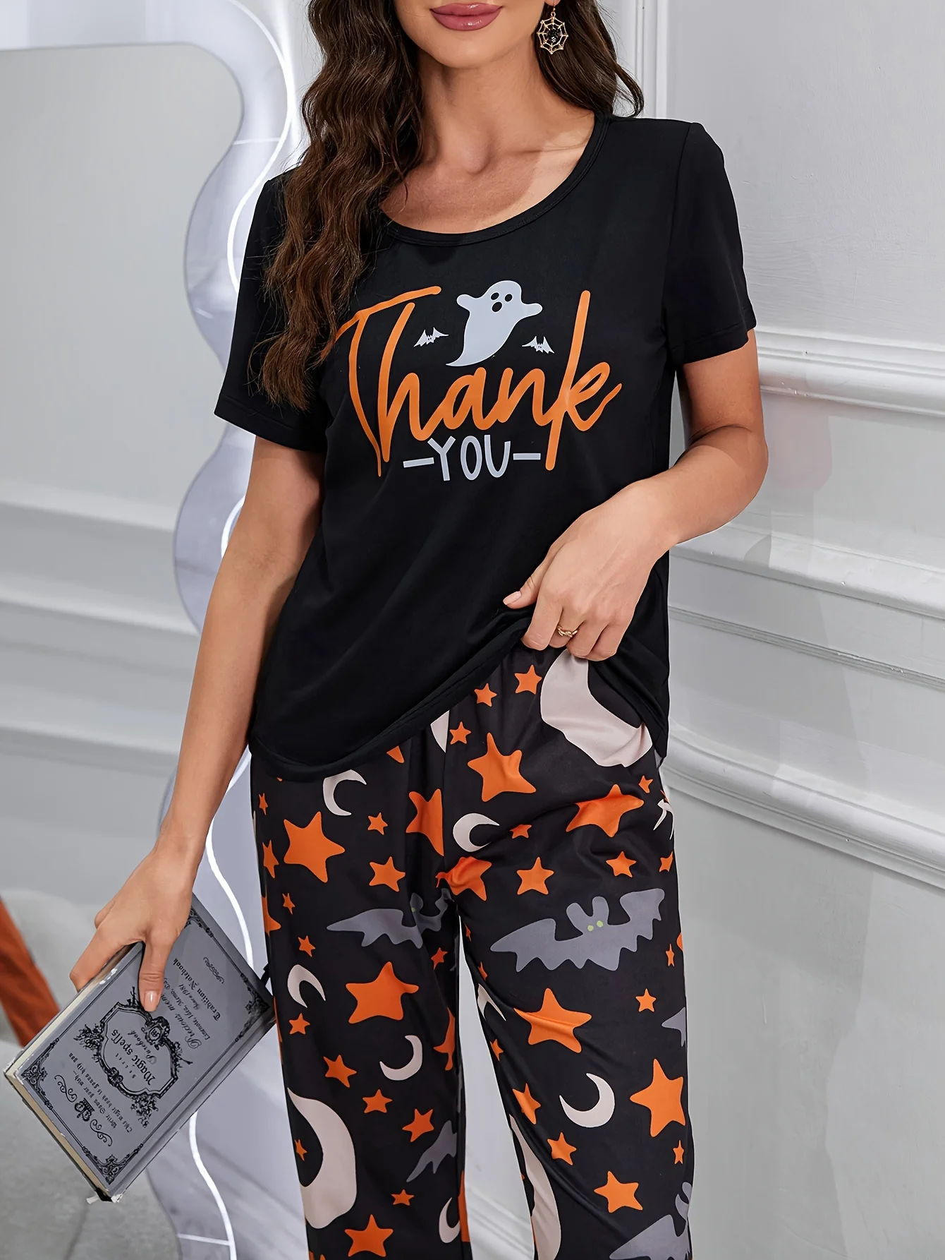 Halloween Limited Size Women's Summer Casual Cute Cartoon Printed Short-Sleeved Pants Pajama Set