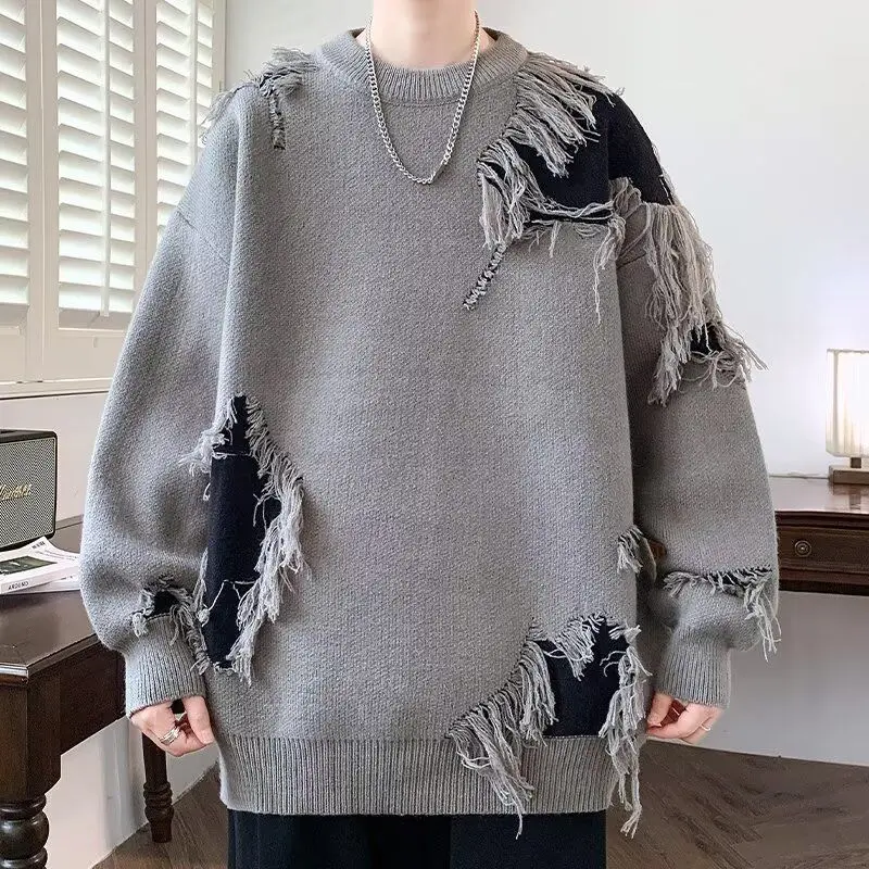 

American High Street Frayed Sweaters Autumn Winter Vintage Patchwork Men's Clothing Casual Hole Tassel O-Neck Knitted Pullovers