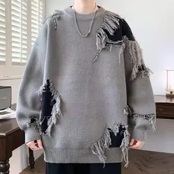 American High Street Frayed Sweaters Autumn Winter Vintage Patchwork Men's Clothing Casual Hole Tassel O-Neck Knitted Pullovers