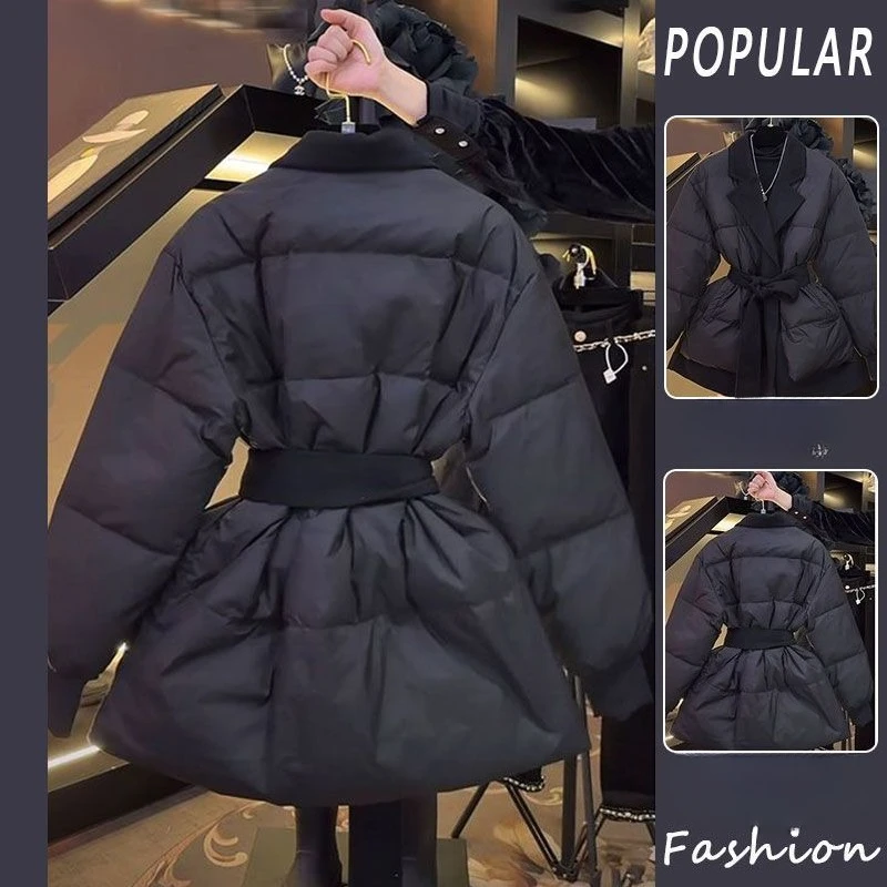 La Popular chaqueta acolchada europea, sensación de alta gama, cintura súper atractiva, pequeña fragancia y ropa de algodón negro para mujer, invierno.
