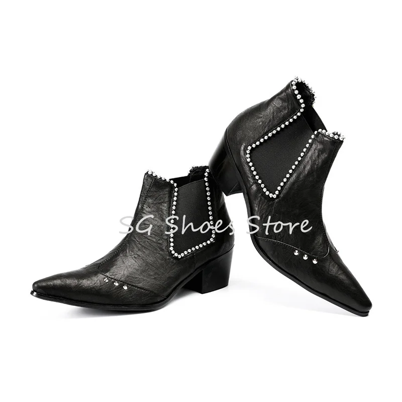 

Black Genuine Leather Rivet Chelsea Boots for Men British Style Pointed Toe Chunky Heel Ankle Boots Male Slip-On Dress Shoes