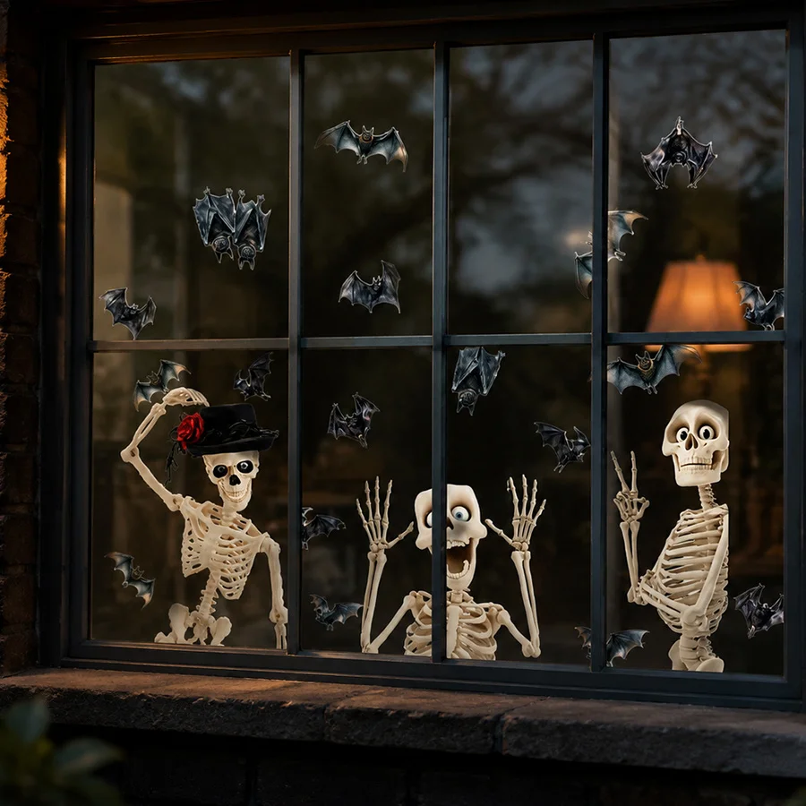 4pcs Halloween Skeleton Bat Window Decals, Reusable Static Cling Stickers for Home, Party, Haunted House Indoor Outdoor Decor