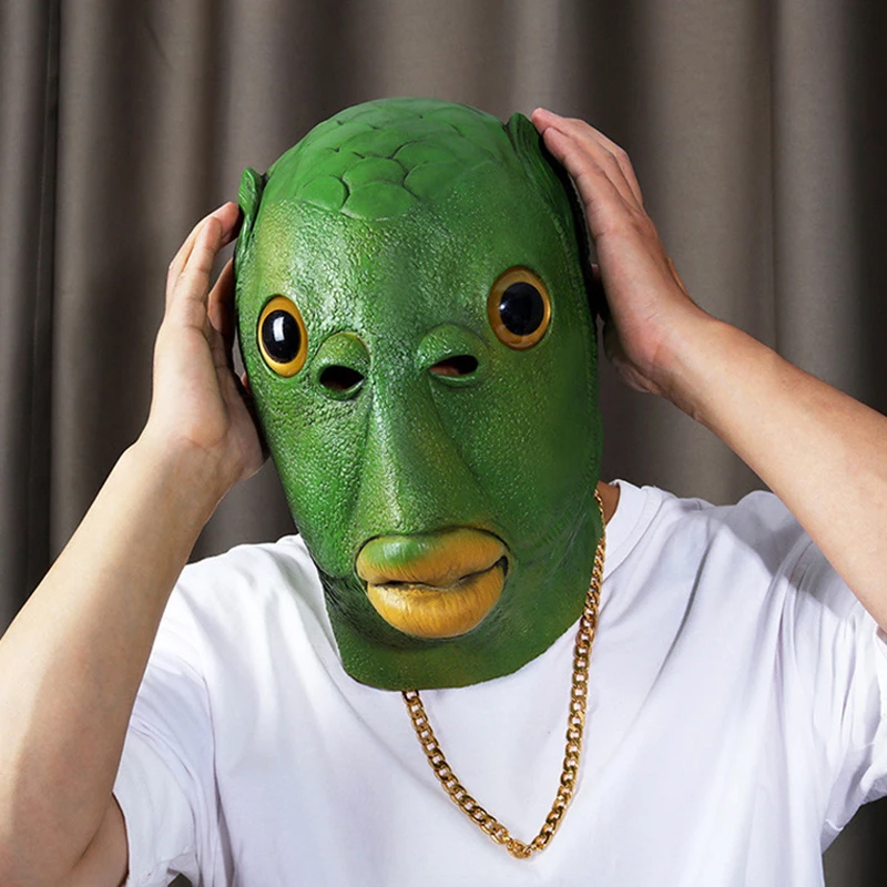 Ugly Green Fish Headgear Latex Cosplay Party Adult Funny Halloween Alien Mask Party Horror Spoof Supplies