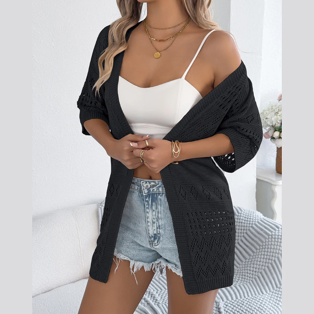 سترة صوفية نسائية محبوكة بأكمام متوسطة ولمسات مقطوعة بلون سادة مصممة للمناسبات غير الرسمية #3