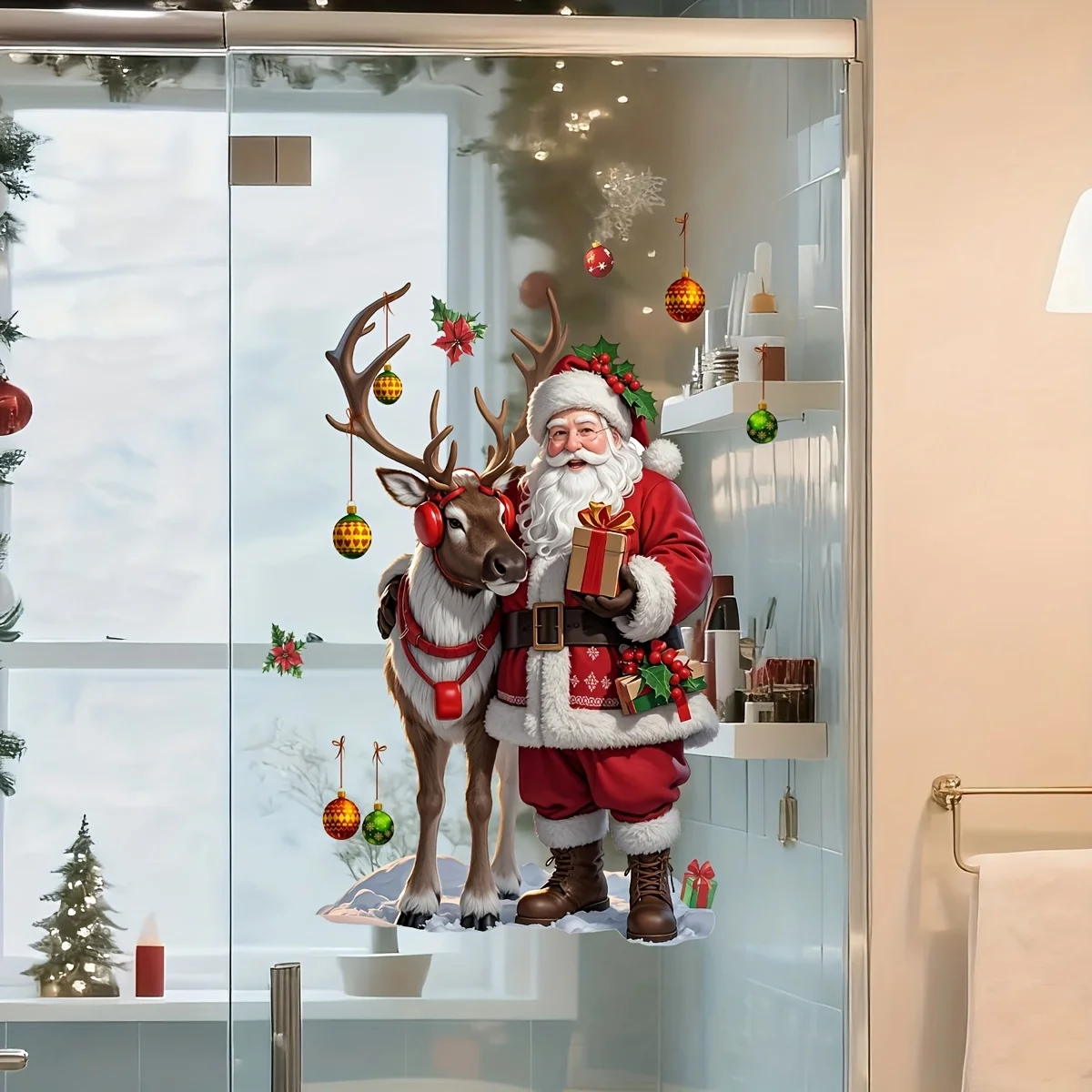 Self-Adhesive Removable Double-Sided Christmas Window Sticker Santa Claus Reindeer Holly and Snowball PVC Sticker Winter Decor view 4
