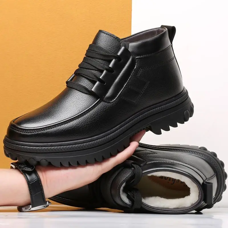 

Men's Winter Leather Shoes Snow Boots Thermal Insulated Lace Up Anti Slip Warm Comfortable Trendy Versatile Cotton Shoes