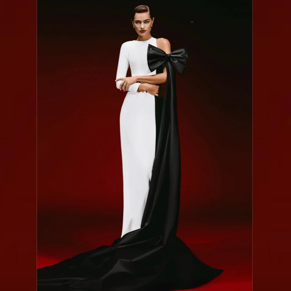 Customized Jersey Bow Draped Pleat Formal Evening Sheath O-Neck Bespoke Occasion Gown Long Dresses