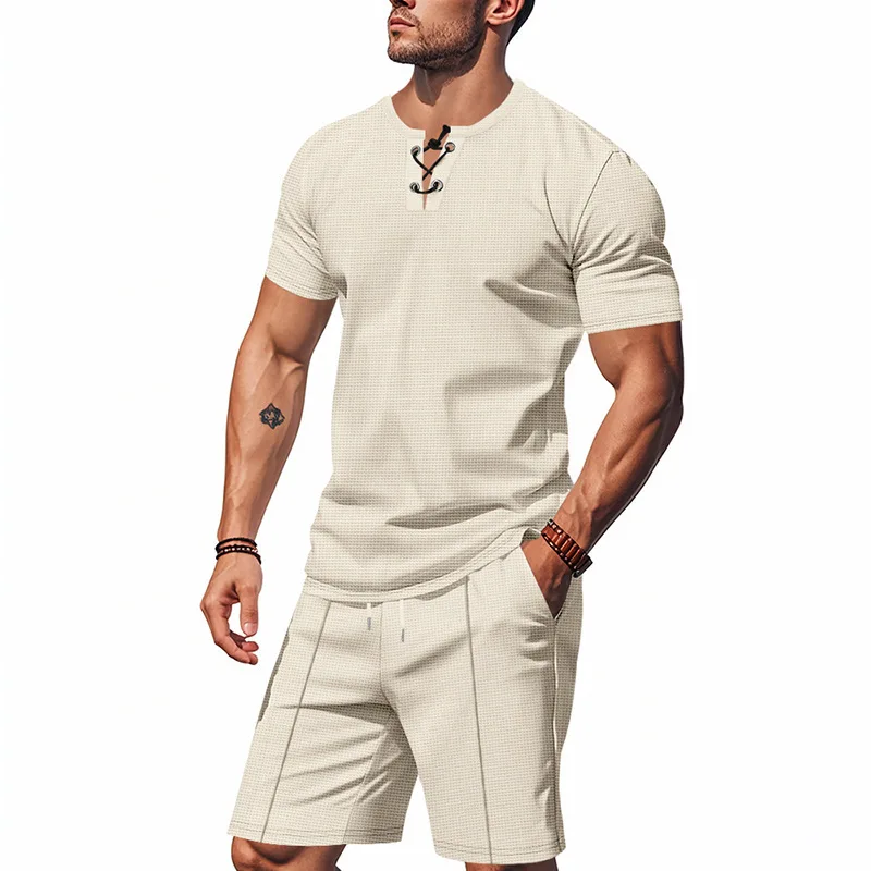 American Style Waffle Knit Two Piece Outfit Men Lace Up Henley T Shirt Drawstring Shorts Summer Casual Set