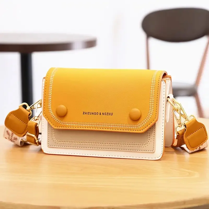 Stitch Detail Flap Square Bag, Trendy Colorblock Crossbody Wallet, Casual Shoulder Purse With Wide Strap