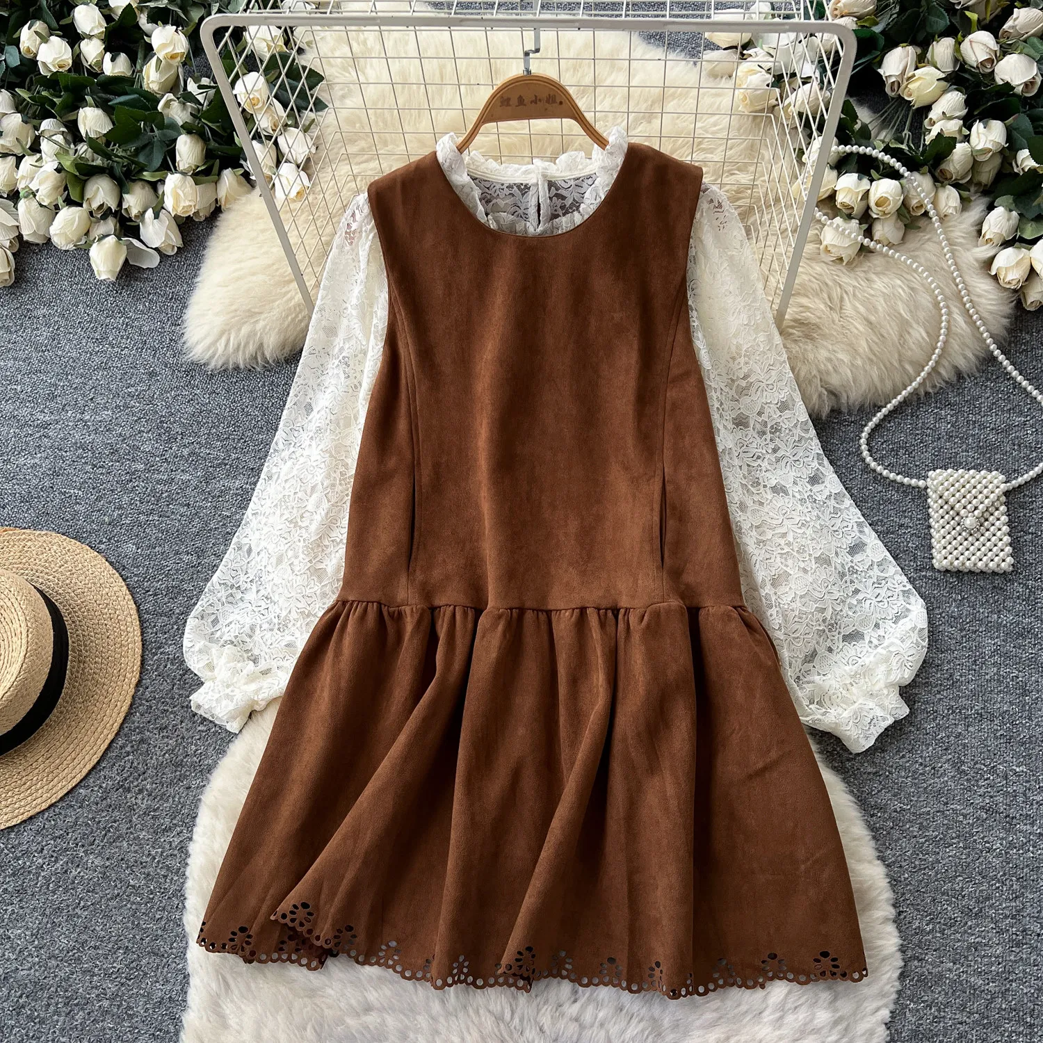 Women Fall 2‑Piece Outfit Sleeveless Suede Midi  Dress  Lace Top Set Casual Commuting Two‑piece Set Dress
