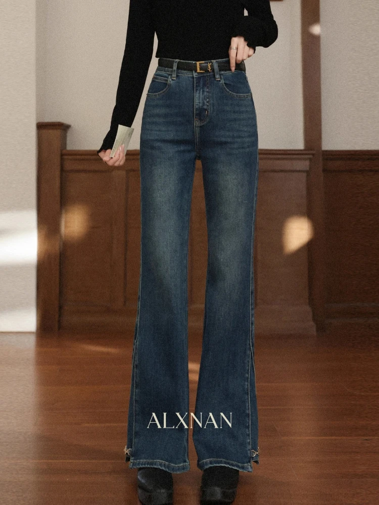

ALXNAN Women's Blue Vintage Jeans 2025 New Autuman Loose Fit Metal Button Detail slimmer Straight Wide Leg Female Pants L57760
