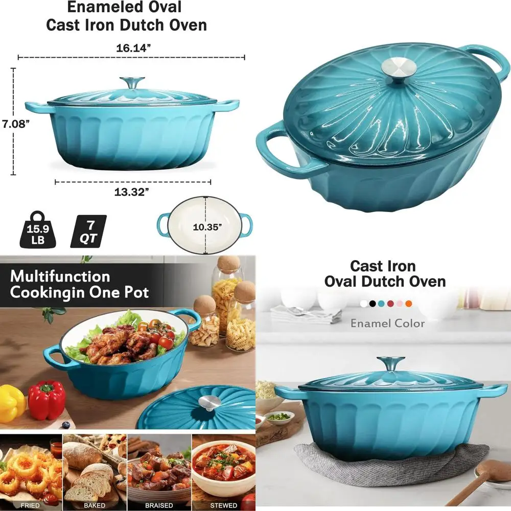 

7-Quart Blue-Green Enamel Dutch Oven with Lid, Cast Iron Pot for Baking, Cooking, and Frying