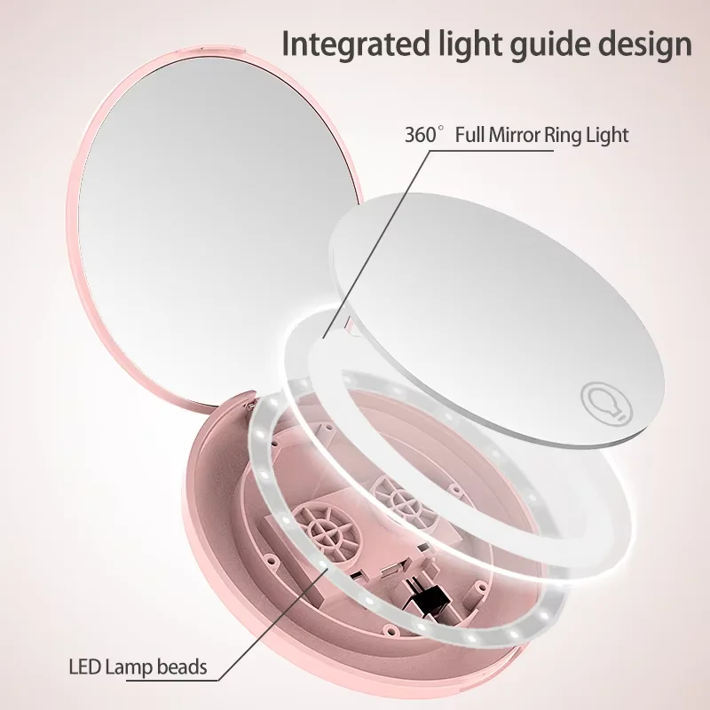 Mini Compact Led Makeup Mirror With Light 3X Magnifying Small Pocket Portable Travel Pink B