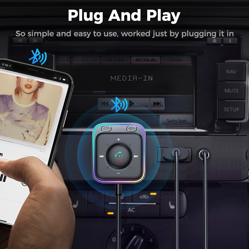 Adattatore Bluetooth 5.3 Per Auto Con Doppio Microfono E Cancellazione Del Rumore ENC – Ricevitore AUX 3,5mm Per Chiamate E Musica Wireless