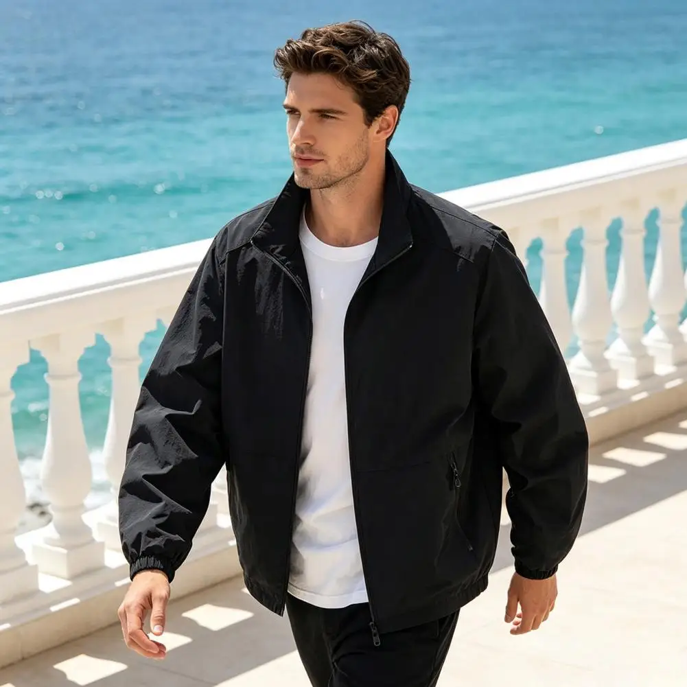 Men Windproof Waterproof Coat, Casual Zip-up Jacket With Zippered Pockets For Outdoor Sports Daily Commutes