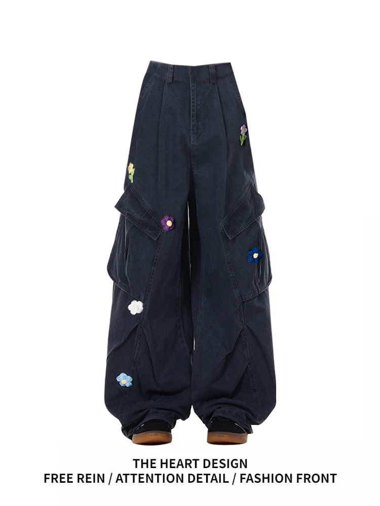 

Retro American Embroidered Work Pants Women's Casual Wide Leg Jeans Multiple kets Spring Design Deep Color High Waist