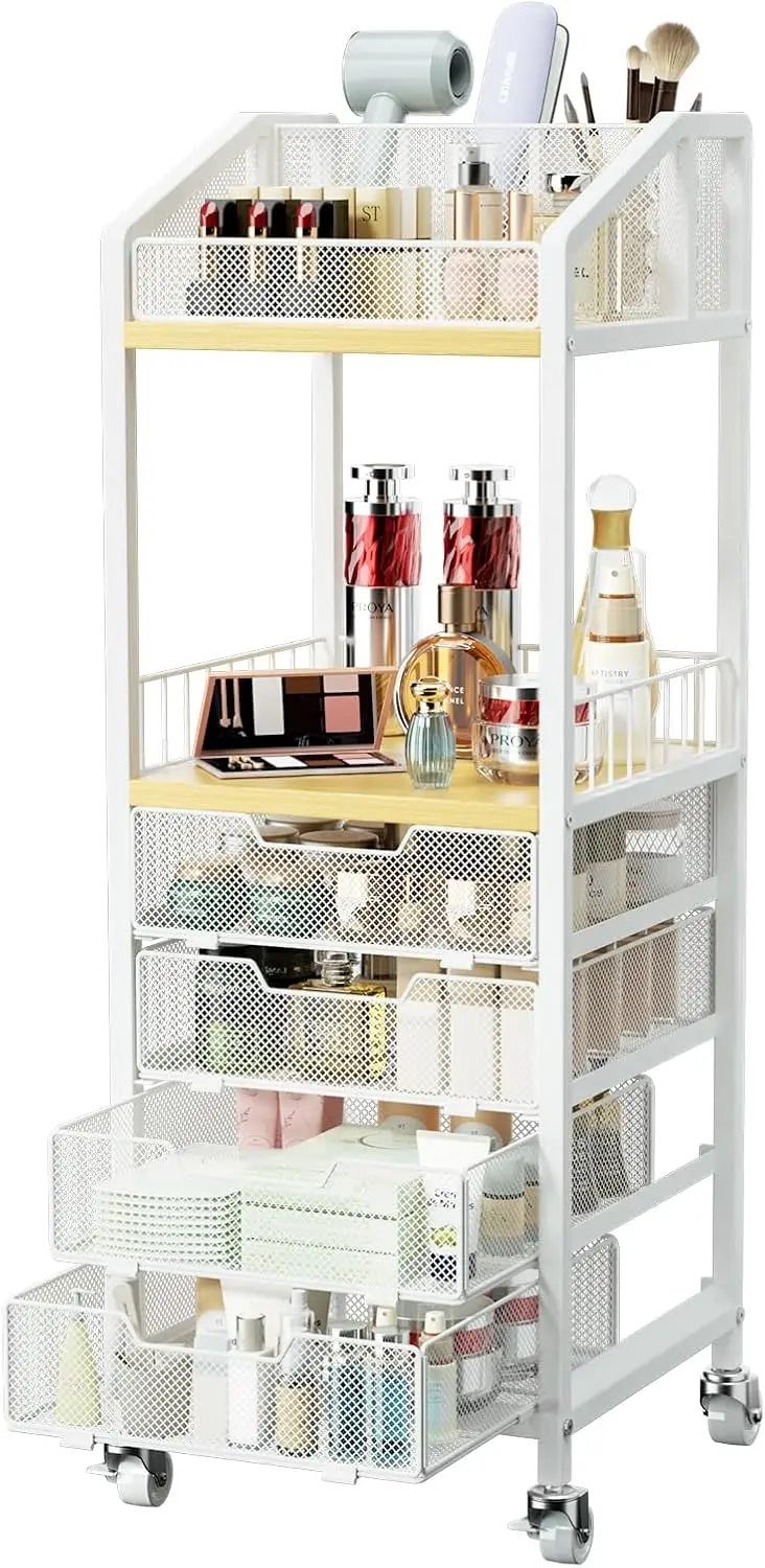 

Makeup Organizer Storage Cart - Floor Skincare Make Up Storage with 4 Drawers, Rolling Makeup Cart Vanity Organizer Cosmetics