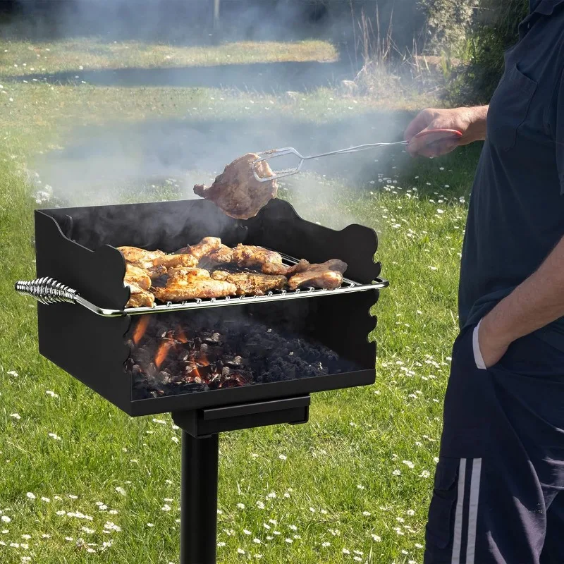 Houtskoolgrill In Parkstijl, Heavy-Duty Stalen Bbq-Parkgrill Voor Buiten Met Roestvrijstalen Kookrooster En Paal Voor Achtertuin