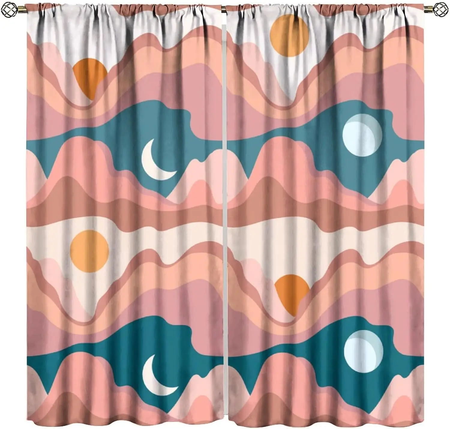 Bohemian Sunset Wave Curtains Aesthetic Blush Teal Abstract Mountain Pattern Drapes Translucent Light Filtering Window Panel for
