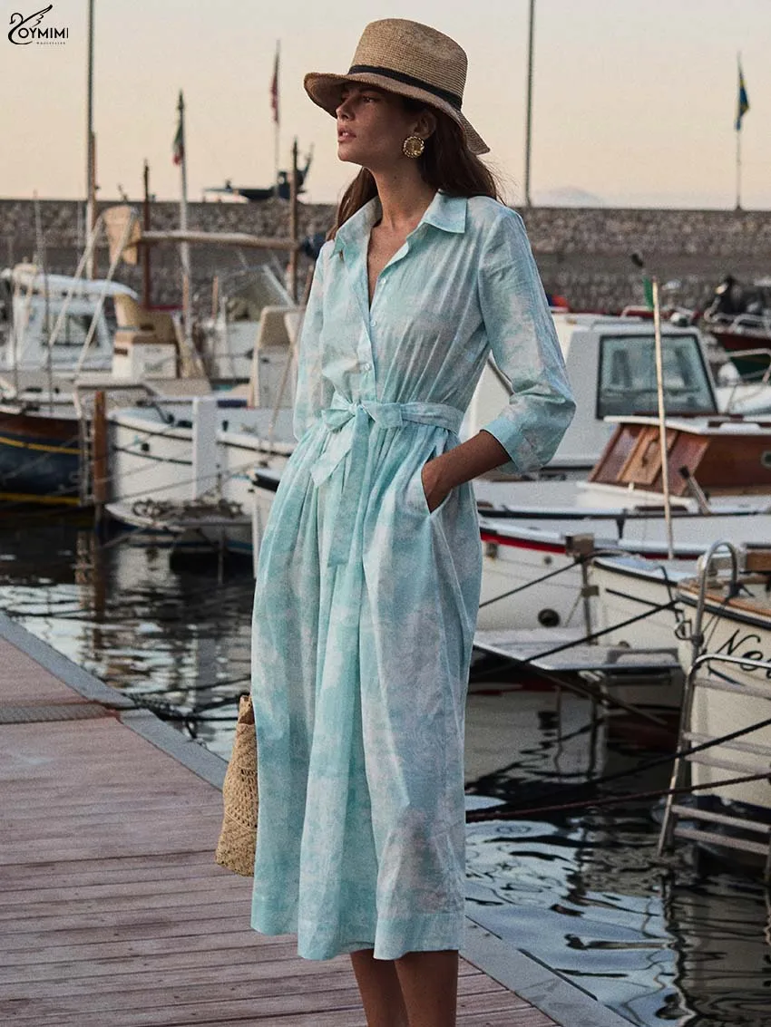 

Oymimi Casual Green Print Women's Dress Fashion Lapel Three Quarter Sleeve Lace-Up Dresses Elegant Button Pockets Mid-Calf Dress