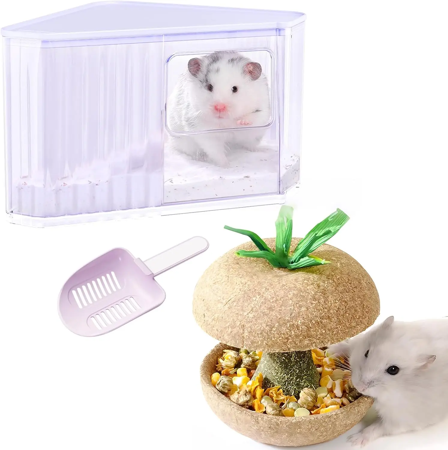 

Hamster Chew Toys for Teeth Food Chews Treats & Hamster Sand Bath Container Small Animal Bathroom Shower Room Large Space Corner