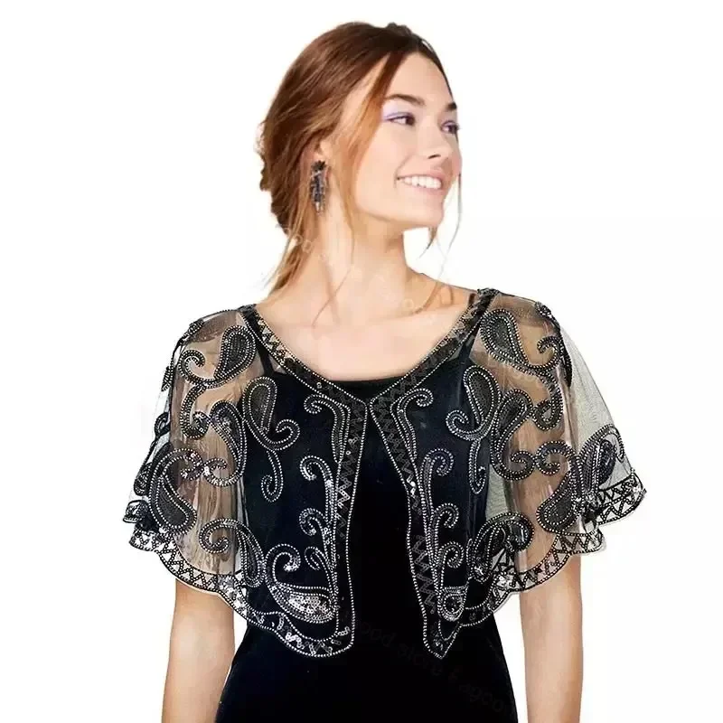 Sequin Beads Decor Shawl Elegant Embroidery Cape Breathable Mesh Short Cardigan Women Dress Accessories For Wedding Party Prom
