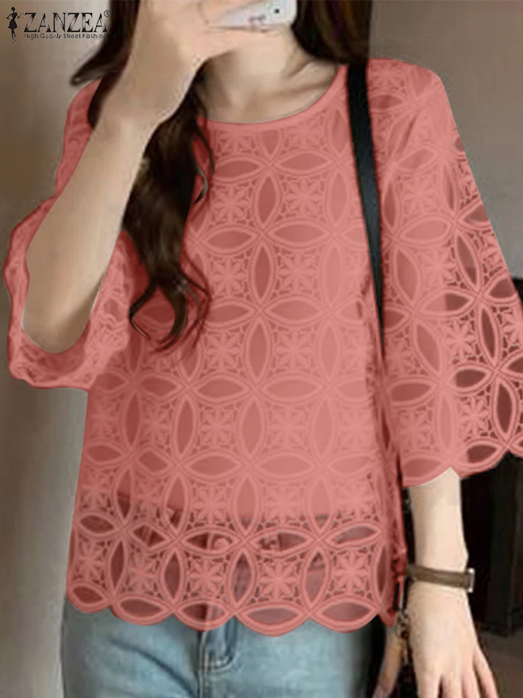 

Women Tunic ZANZEA Summer Blouse 2025 Elegant OL Tops 3/4 Sleeve Lace Patchwork Tee See-through Hollow Out Blusas Streetwear