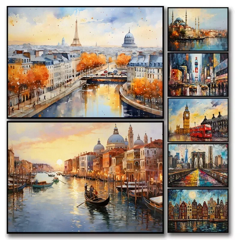 Watercolor Famous Travel City Landmark Istanbul Mosque Paris London Red Bus Poster Canvas Painting Wall Art Pictures Home Decor