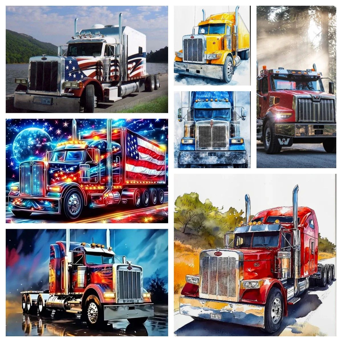 Kit de punto de cruz con pintura de diamante, camiones americanos, plataformas, mosaico de diamantes, decoración de 18 ruedas, cumpleaños, Navidad, camión, regalos para papá