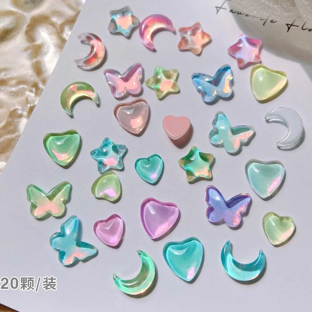 20pcs Mocha Crystal Nail Art Charms 3D Transparent Butterflies Moon Heart Nail Rhinestones Kawaii DIY Manicure Accessories