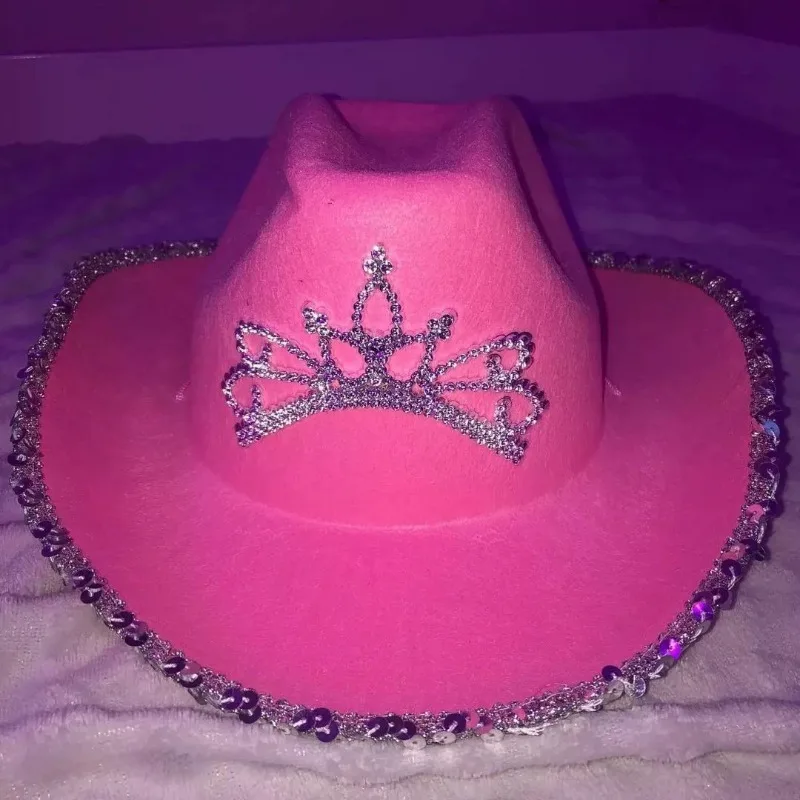 Y2K Girl Retro Wide-brim Pink Princess Denim Hat with Crown Party Music Festival Photo-taking Knight Hat Trendy Headwear Decor