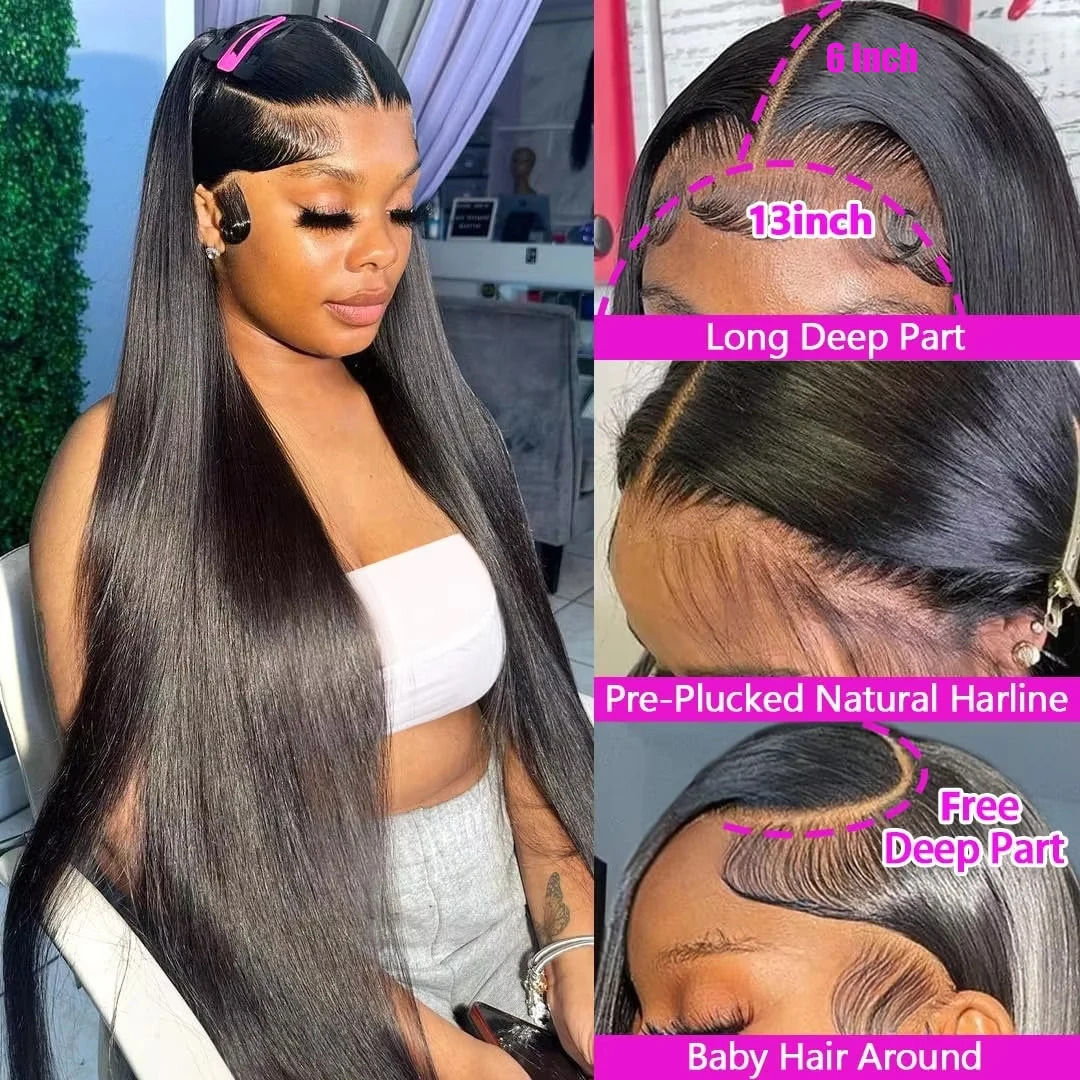 200 Density 100% Human Hair 360 Full Lace Wig 30 38 Inch Brazilian Remy Transparent Pre Plucked Straight HD Lace Frontal Human Hair Wigs For Women Natural Black Color Wig image 3