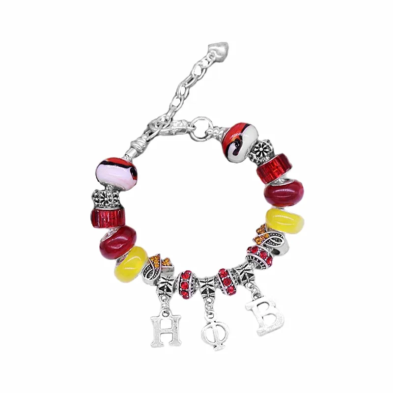 European Styles Big Hole Beads Yellow Red Sorority Club Sign Eta Phi Beta Greek Bracelet In Snake Chain Adjust