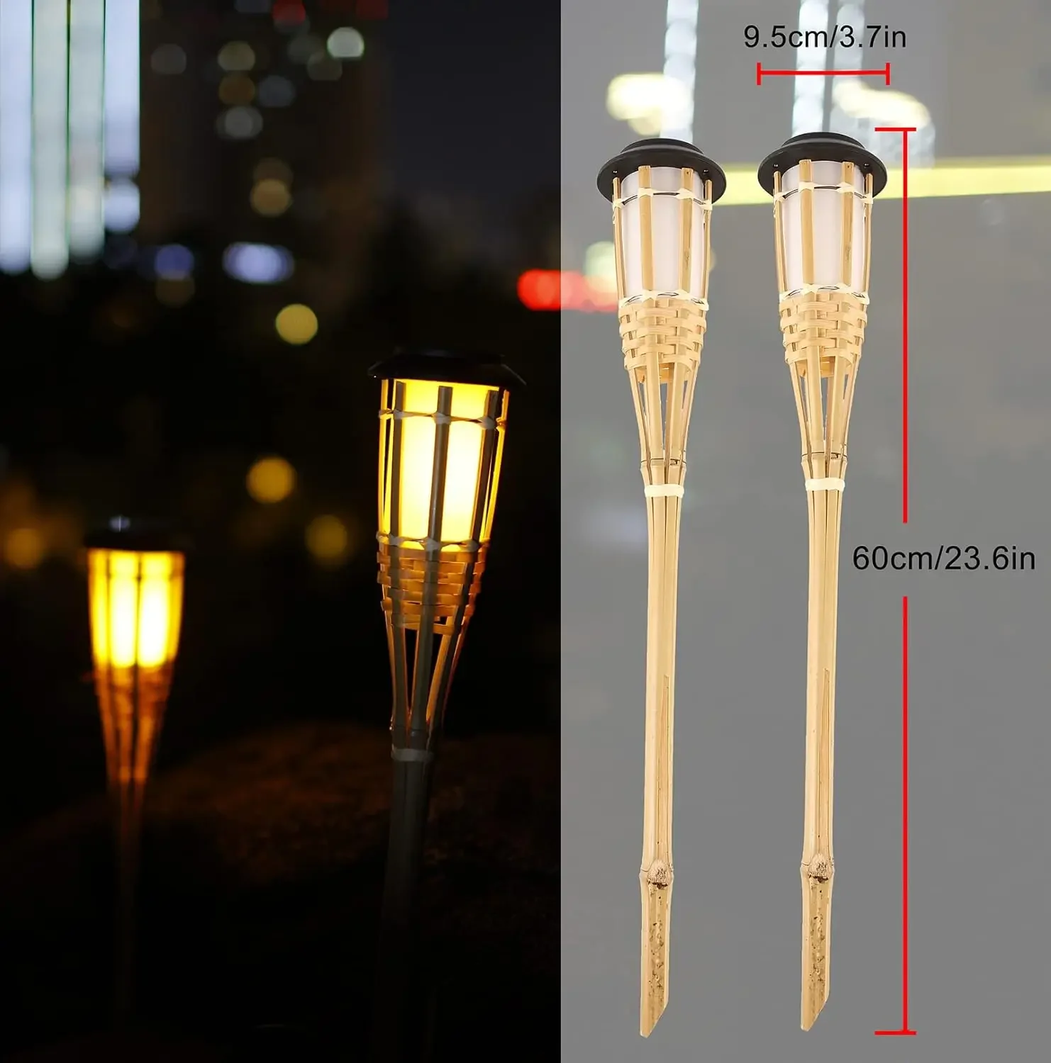 Outdoor Solar Bamboo Torch, Warm LED Flame Effect Garden Stake Lamp for Lawn Yard Walkway Landscape Decoration Lighting