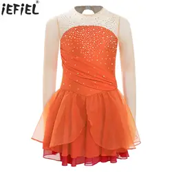 Kids Girls Ballet Lyrical Dance Dress Figure Skating Performance Costume Shiny Rhinestones Long Sleeves Gymnastics Leotard Tutu