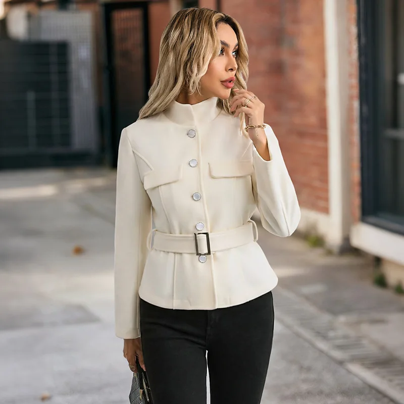 2026 New Women's Autumn Winter Outfit with Waistband, Waist Cinched Stand Up Collar, Temperament Woolen Coat, Women's Clothing