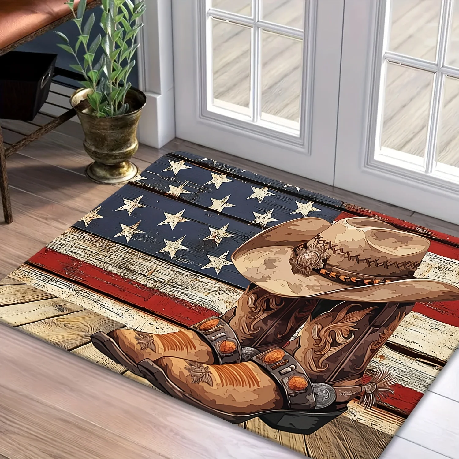 Retro American Flag Cowboy Doormat Ultra-Soft Flannel Rug, Western Boot Hat Design Non-Slip Machine Washable Door Mat