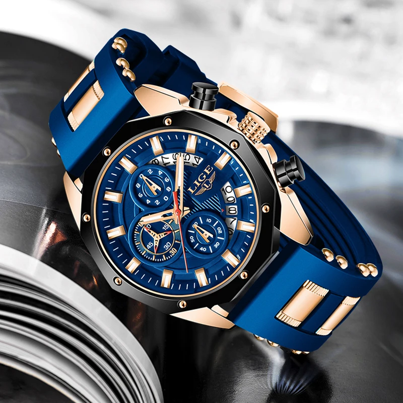 LIGE أزياء الرجال الساعات العلامة التجارية الفاخرة سيليكون الرياضة ووتش الرجال كوارتز تاريخ ساعة للماء ساعة اليد كرونوغراف ساعة رجل #6