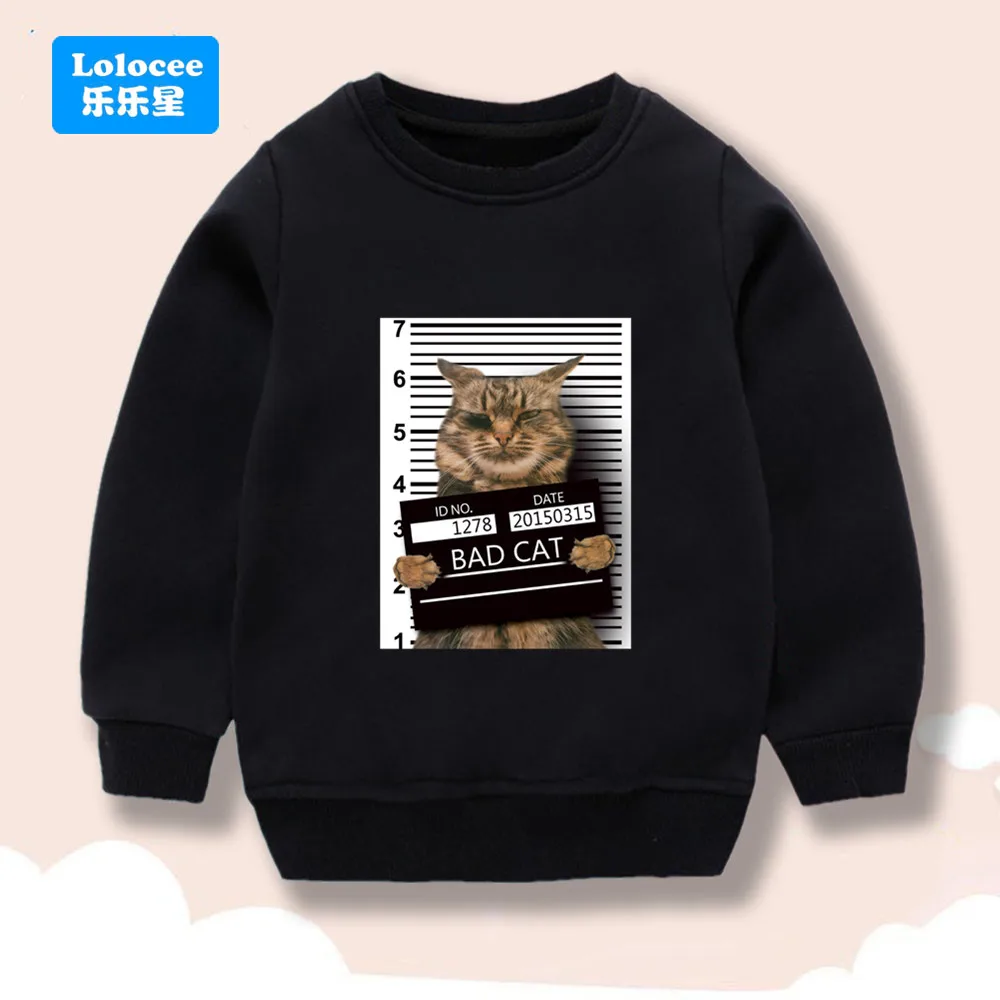 Jungen-Sweatshirt mit lustigem Bad Cat-Aufdruck, schwarzer Pullover für Jungen, lässiges Langarm-Oberteil mit Rundhalsausschnitt für Kinder HM1